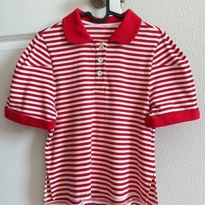 Red And White Striped Tee Lapel Collar Front Button Polo Shirt Side Vents Hem